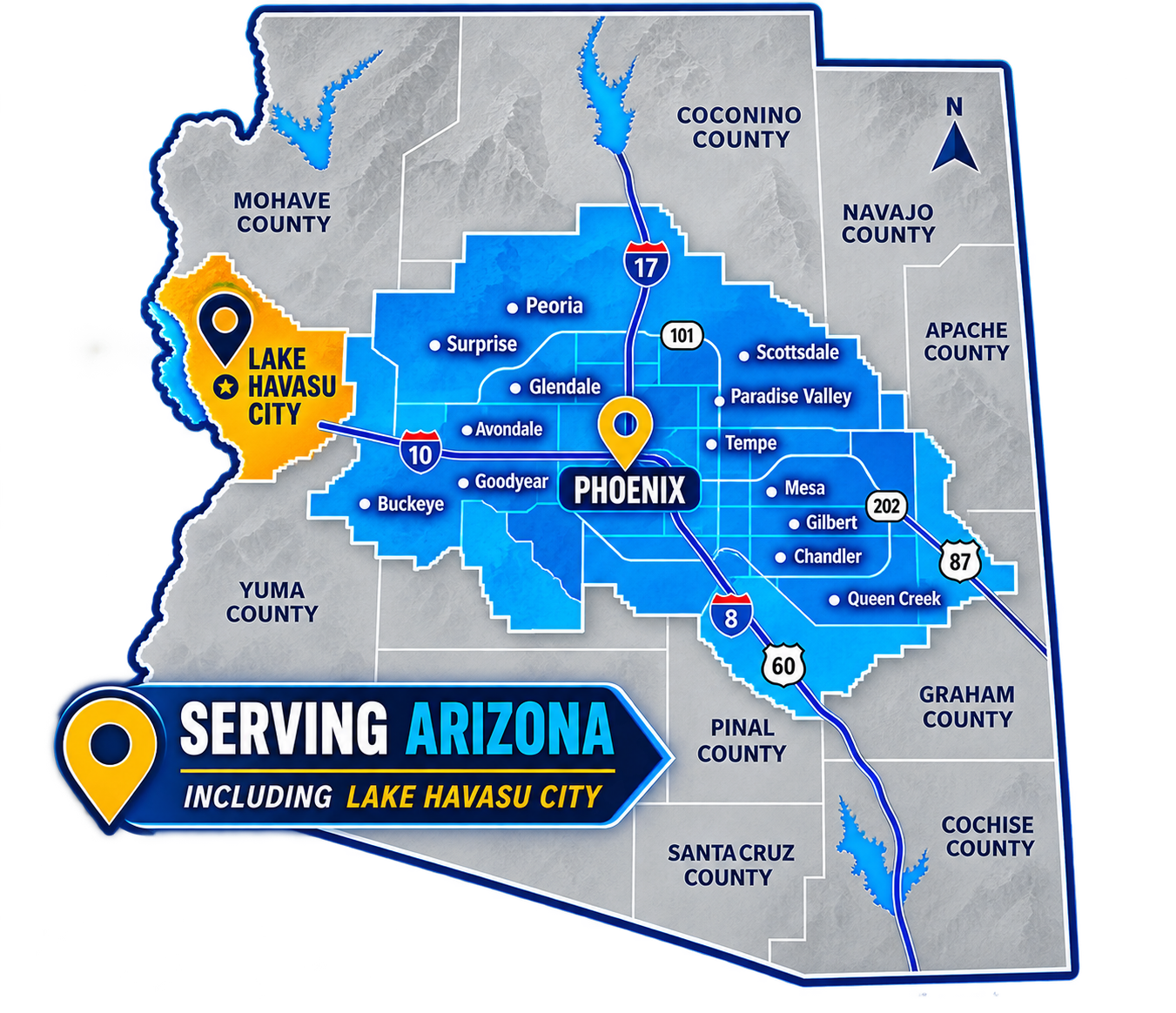 Arizona service area map showing Phoenix metro area and Lake Havasu City